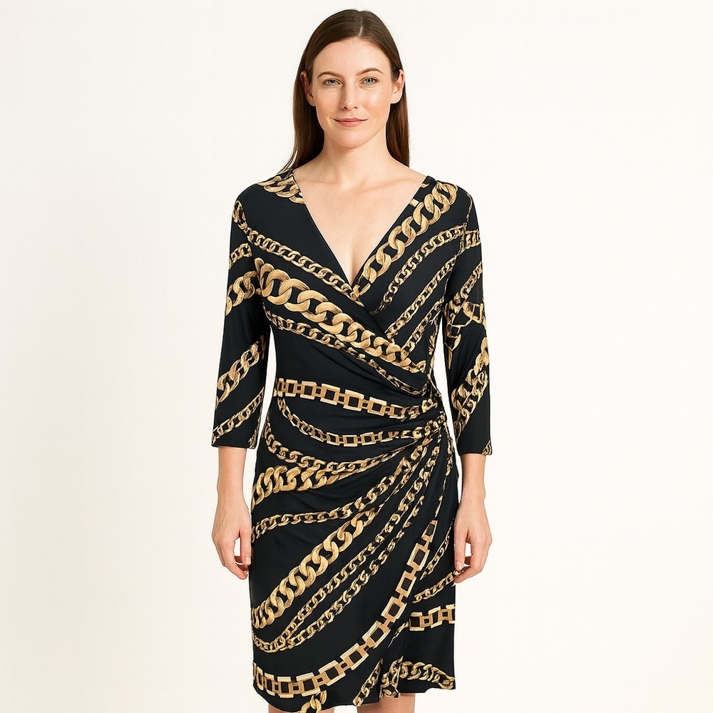 VTG Janine Size L Faux Wrap Dress Chain link Midi Couture Cocktail Gala Sheath